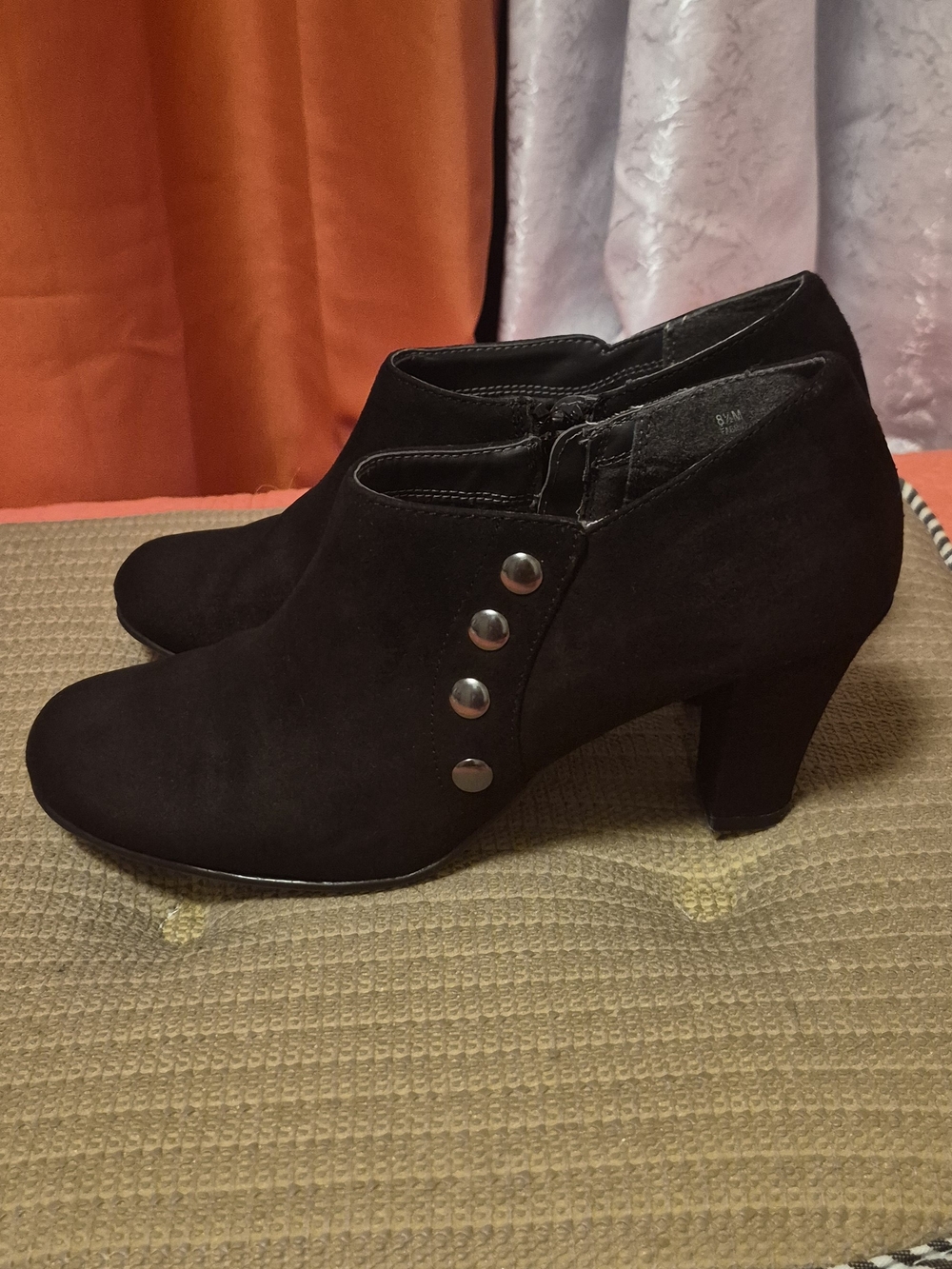 Classic Black Suede Button Accent Heeled Booties